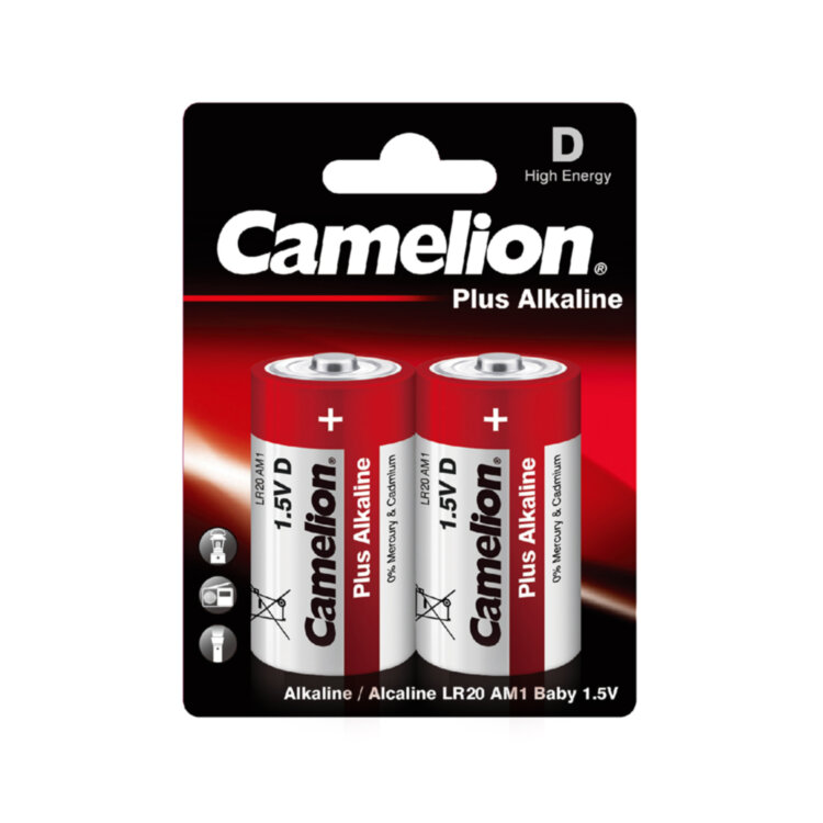 Батарейка Camelion D Plus Alkaline LR20, 1.5V, 21000 mAh, - 2 шт. Блистер