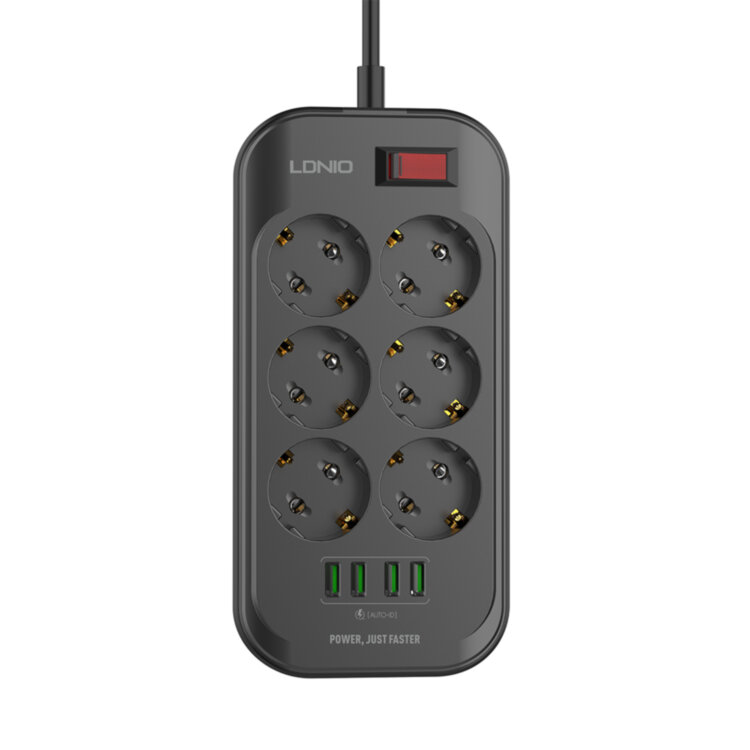 Сетевой фильтр LDNIO Defender SE6403, 2м, 6 розеток,  4*USB Портов, 5V/3.4A, Контроль питания