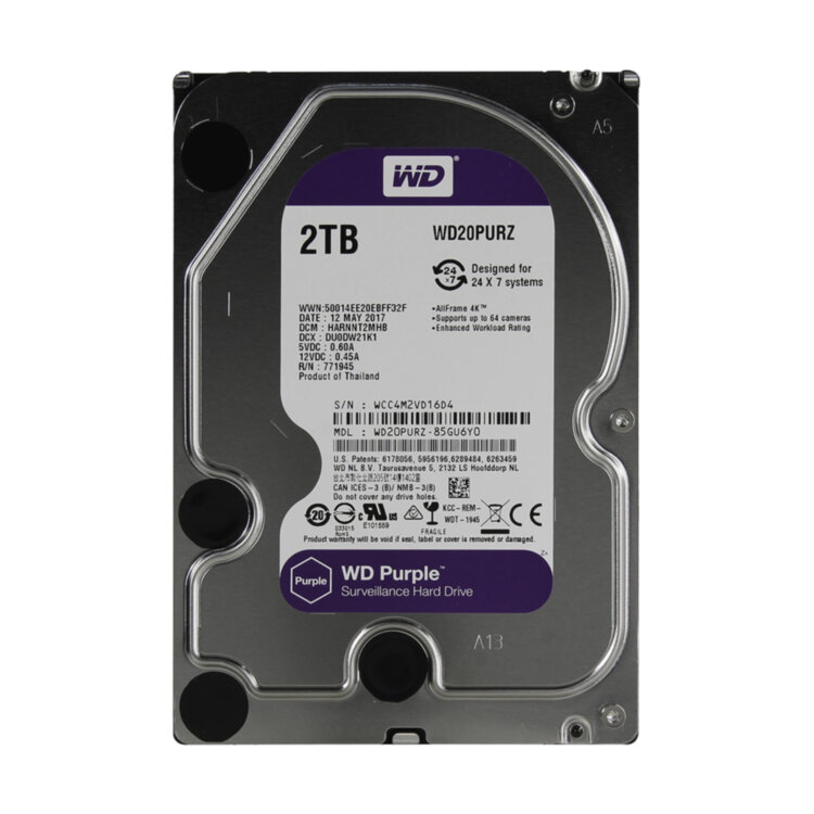 Жесткий диск Western Digital WD20PURZ Purple, HDD 2Tb, 5400rpm, 64MB cache, SATA 6 Gb/s