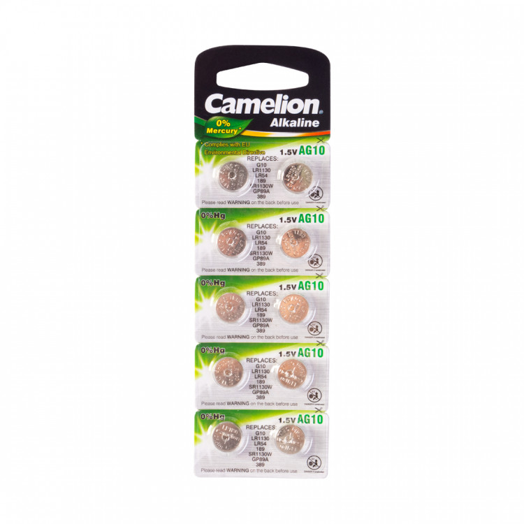 Батарейка Camelion AG10-BP10(0%Hg), Alkaline, AG10, 1.5V, 2 шт. (1 пара)