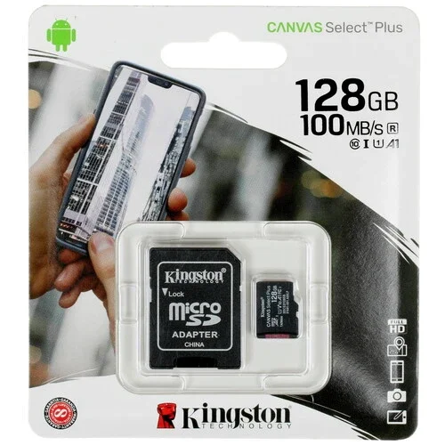 microSD HC 128Gb Kingston, Canvas Select Plus, A1, U1, V10, c адаптером SD