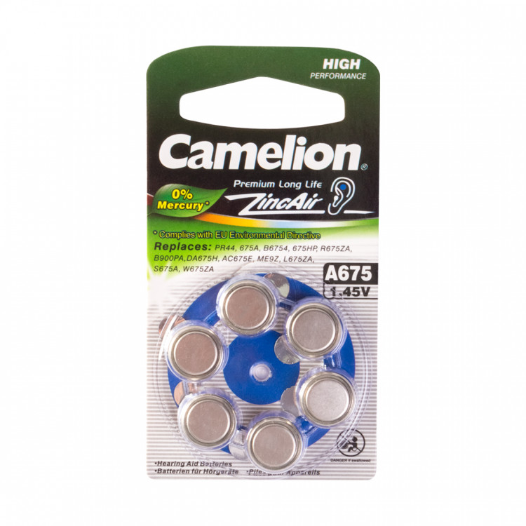 Батарейка Camelion A675-BP6(0%Hg) , Zinc Air, A675, 1.45V, 6 шт., Блистер