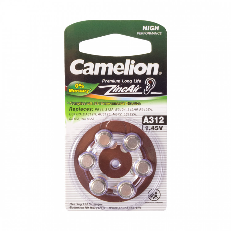 Батарейка Camelion A312-BP6(0%Hg), Zinc Air, A312, 1.45V, 6 шт., Блистер
