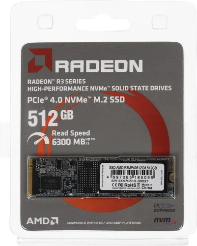 Твердотельный накопитель SSD M.2 NVMe 512 GB, AMD Radeon, R3MP30512G8, PCIe 3.0x4