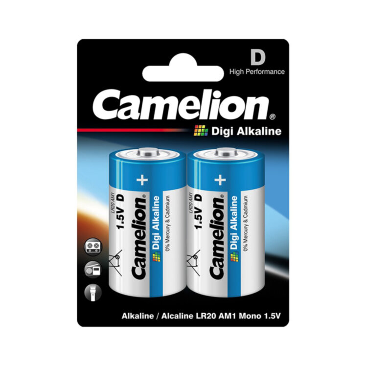 Батарейка Camelion D Digi Alkaline LR20, 1.5V, 20000 mAh, - 2 шт. Блистер