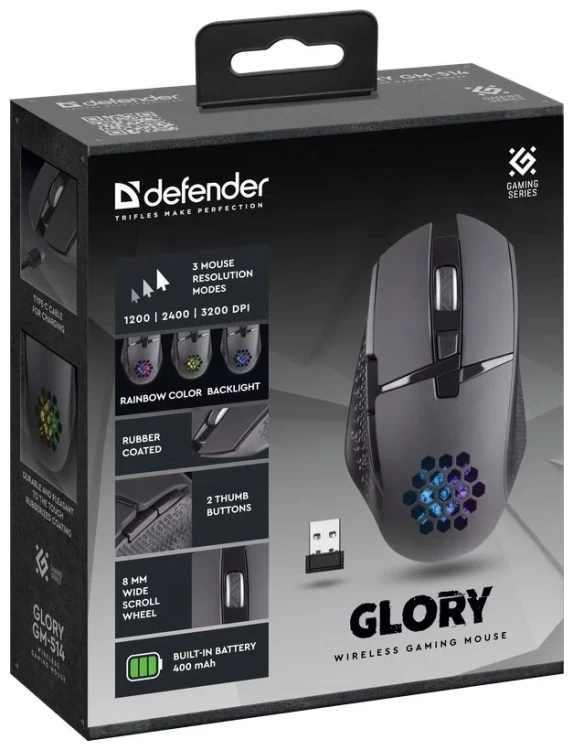 Мышь игровая беспроводная Defender Glory GM-514, LED,7D,400 мАч,3200dpi черный