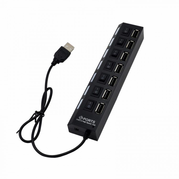 USB Hub 7 портов 166B с выключателями, USB2.0, 480Mbps, 7-port, каб - 40см, блок питания, черный